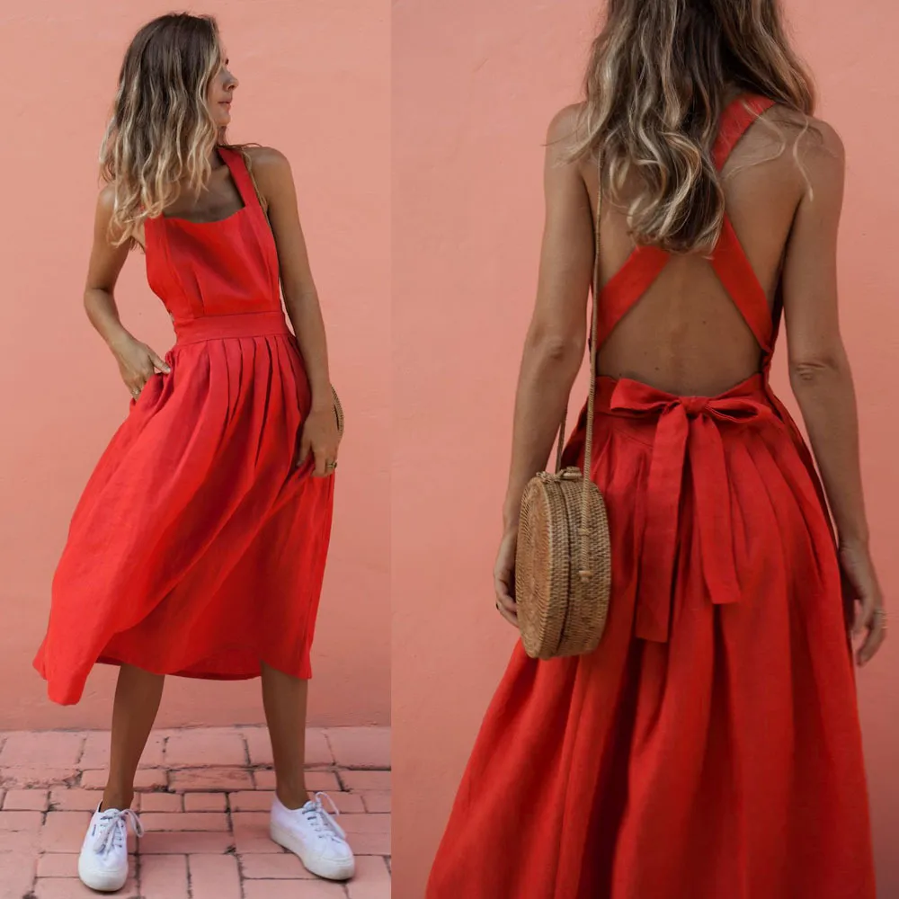 Boho Red Strappy backless flowy dress for Women - Perfect for Summer Parties and Beachwear
