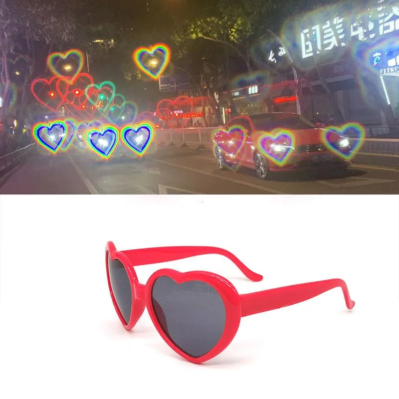 Fashion Sunglasses Frames Love Heart Shape Women PC Frame Light Change Lens Colorful Sun Glasses Female Red Pink Shades Magic