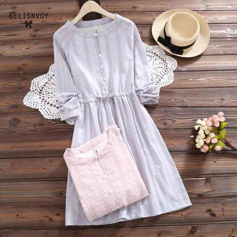 Mori Girl Spring Autumn Cute Female Mini Dress O-neck Solid Cotton Linen Vestidos Long Sleeve Drawstring Women Sweet 210520