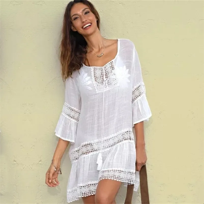 Bamboo Cotton Summer Pareo Beach Cover Up Costumi da bagno sexy Costume da bagno donna Abito caftano Tunica Abbigliamento bianco # Q382 210420