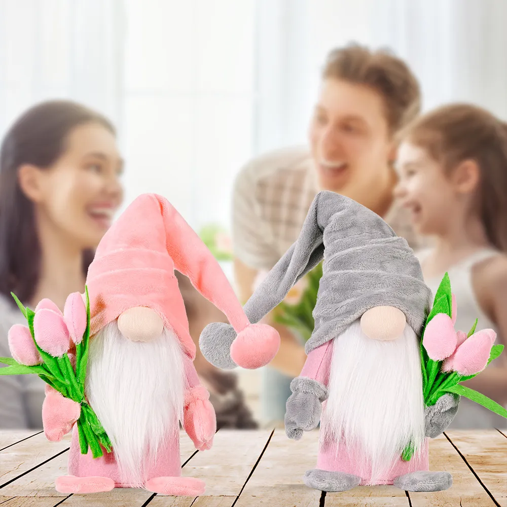 Gesichtsloser Zwerg-Puppenornament mit Tulpenzwerg, niedliche Tischdekoration, glücklicher Muttertag, Heim-Party-Dekoration, Spielzeug, stehender Pfosten w-01302