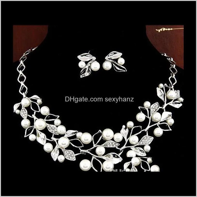silver gold color crystal bridal jewelry sets leaf shape choker necklace earrings wedding jewelry for women engagement pearl