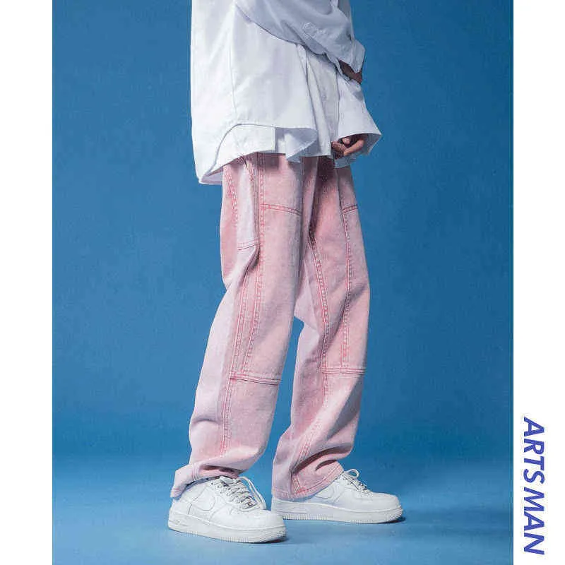 Pantalones vaqueros lavados rosas para hombre, pantalones de pierna ancha, marca de moda, Hong Kong, sueltos, rectos, novedad de 2021, pantalones de calle, pantalones vaqueros Vintage Retro para hombre H1223
