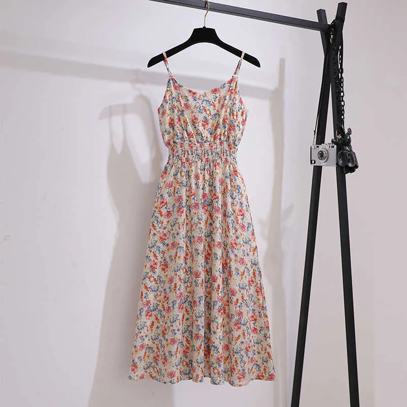 Yaz Çiçek Baskı Kadın MIDI Elbiseleri Zarif Spagetti Kayışı Yüksek Bel Kadın Kızlar 210529