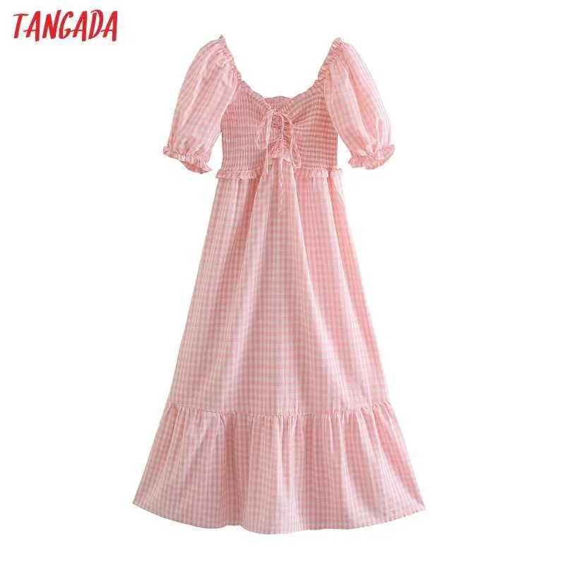 Tangada Women Pink Plaid Print French Style Vintage Midi Dress Puff Short Sleeve Off Shoulder Ladies Dress 8M15 210609