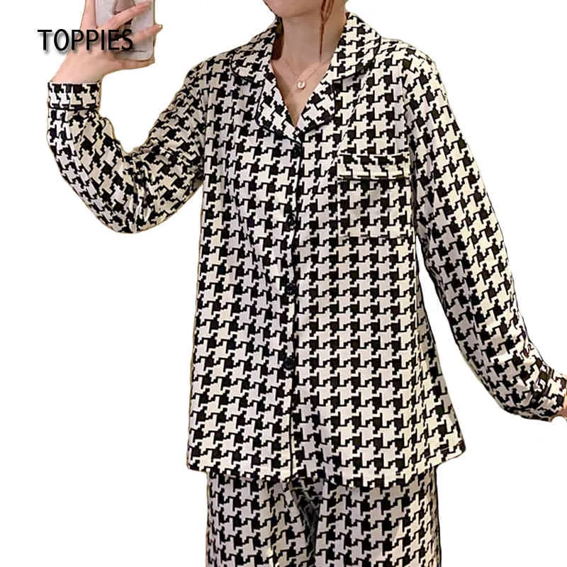 Toppies Spring Pyjamas för kvinnor Houndstooth Printing Sleepwear Kvinna Casual Two Piece Set Sova Toppar och byxor 210412