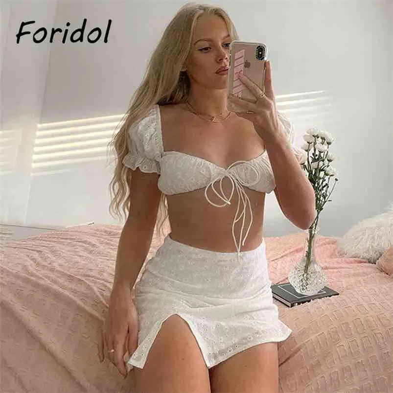 Vintage White Lace Summer Dress Two Pieces Sets Women Sexy Crop Top Suits Female Elegant Boho Beach Mini Vestidos 210427