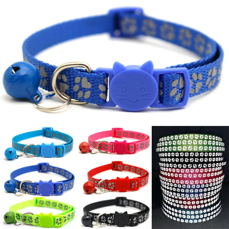 Fashion riflettono luce carina zampa stampa collari per cani con campana regolabile nylon kitty kitten piccolo cani designer cat pet colletto nastro cinturino cinturino larghezza 1.0 cm 6 colori blu