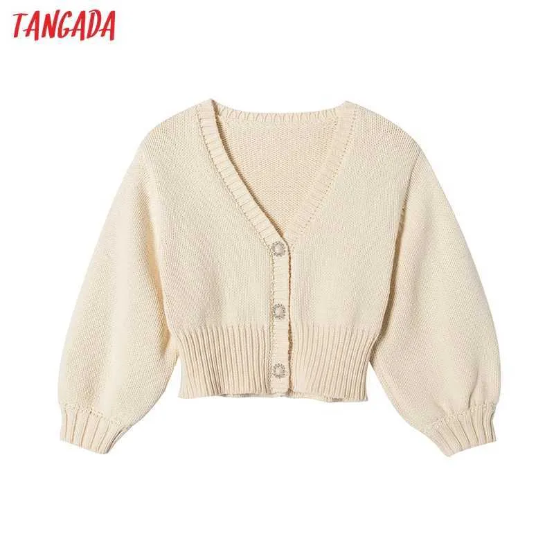 Tangada Women Beading Buttons Beige Crop Cardigan Vintage Jumper Short Style Knitted Cardigan Coat 6H32 210609