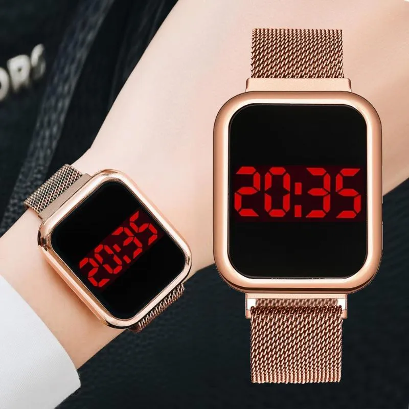 Relógios de pulso LED Digital Digital Touch Screen Ímã Relógios para Mulheres Rosa Rosa Vestido Quadrado Quartz Relógio Feminino Clock 2021 Relogio Feminino