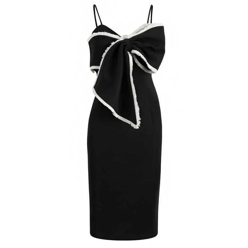 PERHAPS U Women Summer Elegant Sexy Club Black Asymmetrical Bow Camisole Strap V-Neck Sheath Short Dress D3043 210529