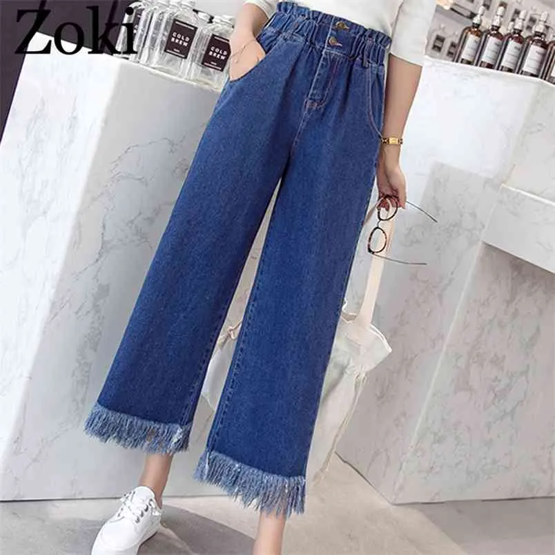 Zoki Spring Plus Size Women Jeans Tassel High Waist Elastiska Ankellängd Denim Byxor Mode Loose Wide Ben Kvinna S-5XL 210708