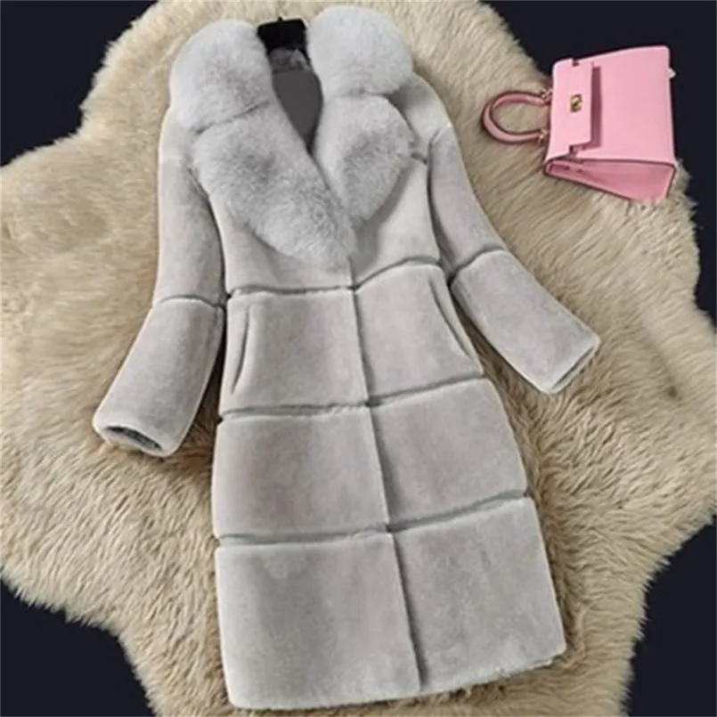 가짜 모피 코트 대형 5XL 여성 겨울 두꺼운 긴 재킷 패션 가짜 칼라 겉옷 210817