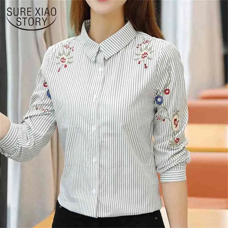 Mode Stripe Office Lady Shirt Women Blouse Long Sleeve Floral Broderi Toppar Plus Storlek 's Kläder Blusas D862 30 210506