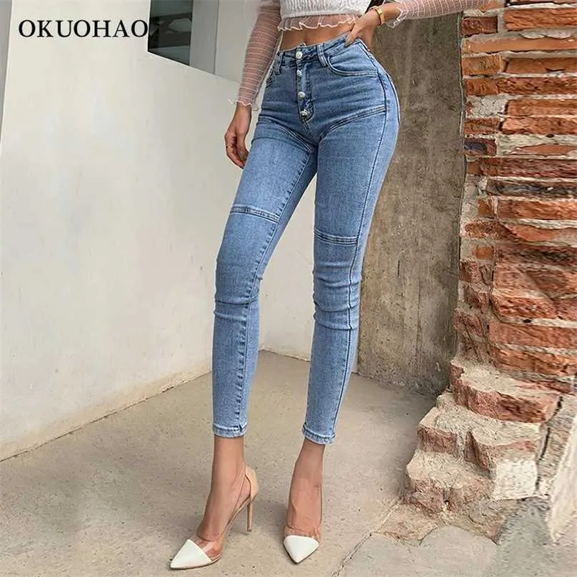Женские джинсы с высокой талией джинсовые брюки женские моды эластичный стрейч бедро тонкий подходит тощие ноги девять точек карандашные брюки 2111112