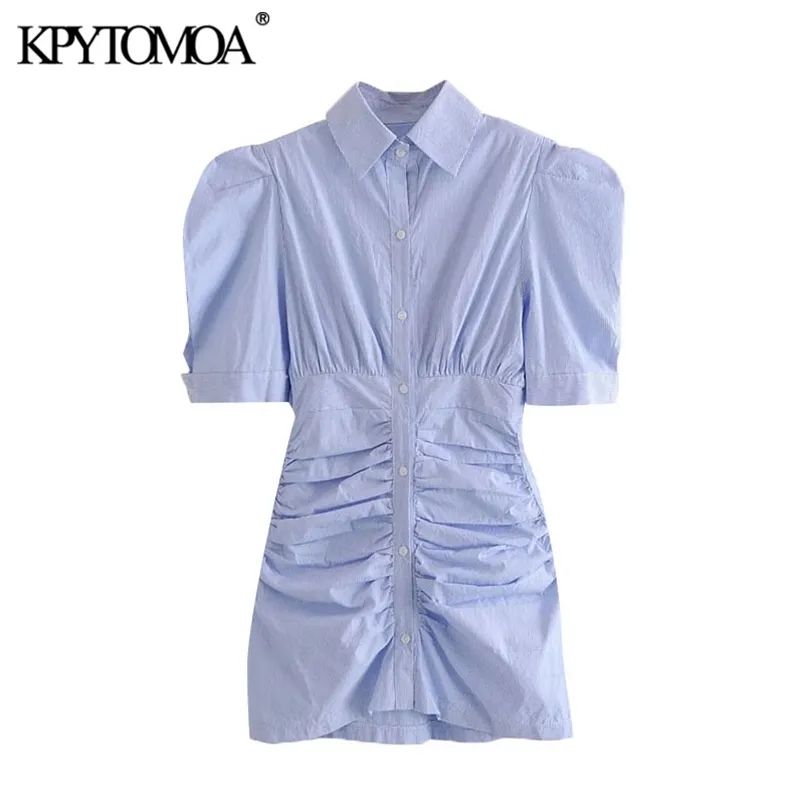 Women Chic Fashion Striped Pleated Fitted Mini Dress Puff Sleeves Button-up Female Dresses Vestidos Mujer 210420