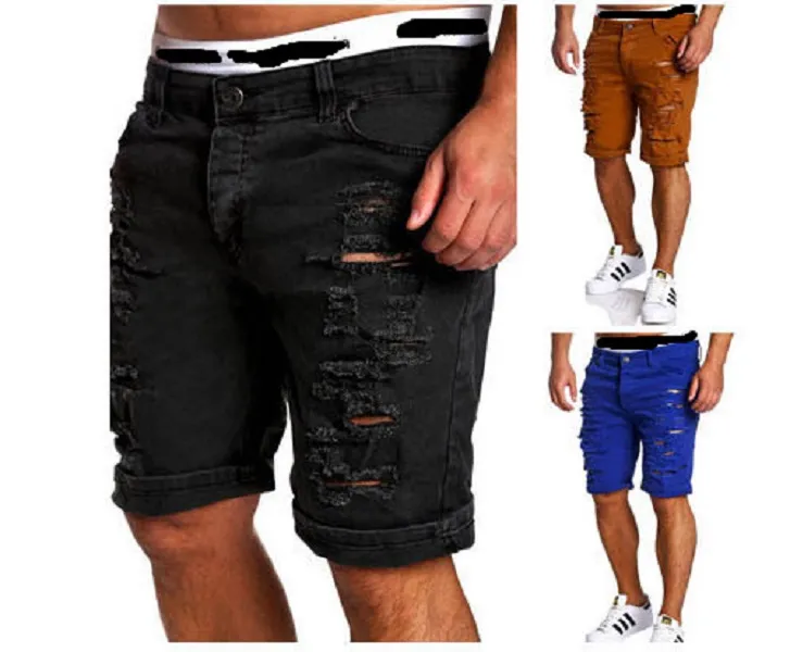 Fashion Ripped Hole Denim Shorts Men Black White Slim Skinny Straight Casual Jeans Short Mens Vintage Low Waist