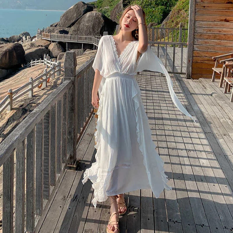 YOSIMI Chiffon V-Neck Maxi Dress with Flare Back and Ankle-Length Sleeves for Women