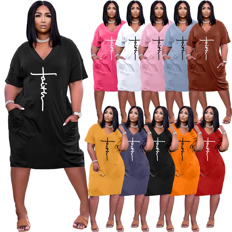 Vestidos de fé de verão Mulheres Plus Size 3XL Bodycon Dress Manga Curta V Neck Saia Com Bolsos Casuais Preto Solta Midi Saias Atacado Roupas 6898