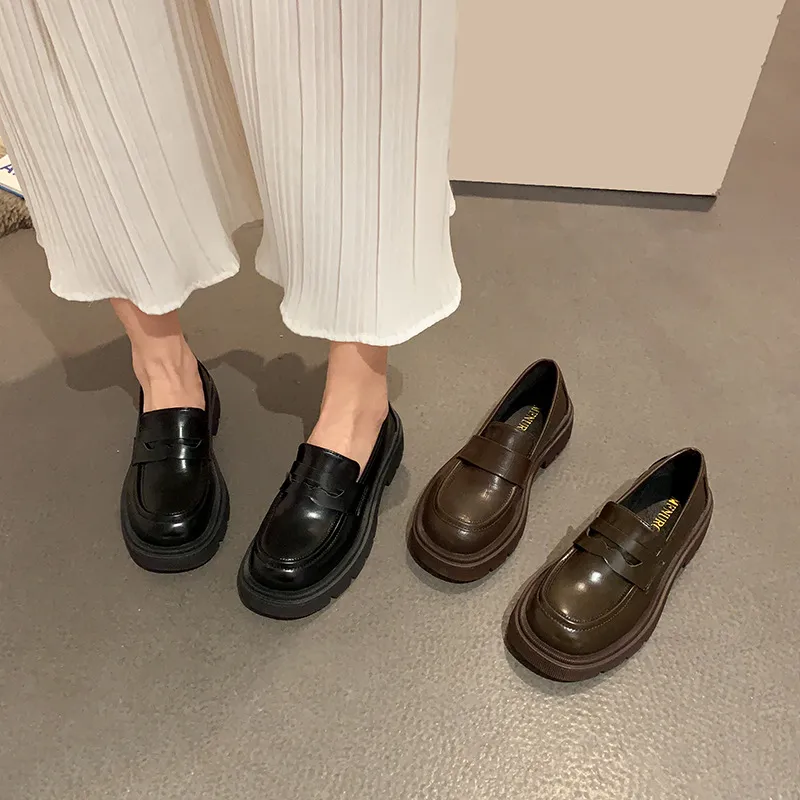 Casual Woman Shoe All-Match Round Toe British Style Female Footwear Loafers With Fur New On Heels Winter Preppy Dress Slip-on