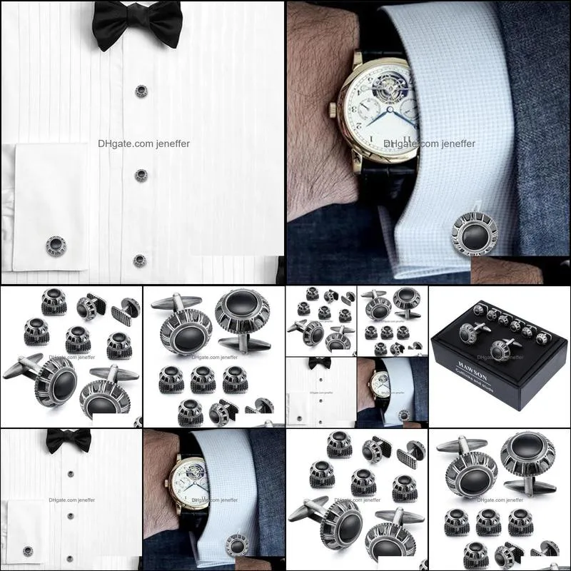 HAWSON Brand Cufflinks and Studs Set Fashion & High Quality Classic Men Black Stone Cuff Links for Tuxedo Y1130