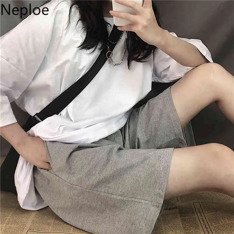 Neploe Shorts Mulheres Coreano Ins Moda Estiramento Alta Cintura Meia Calças Solto Casual Largura Perna Reta Sweatshorts Femme 1D660 210423