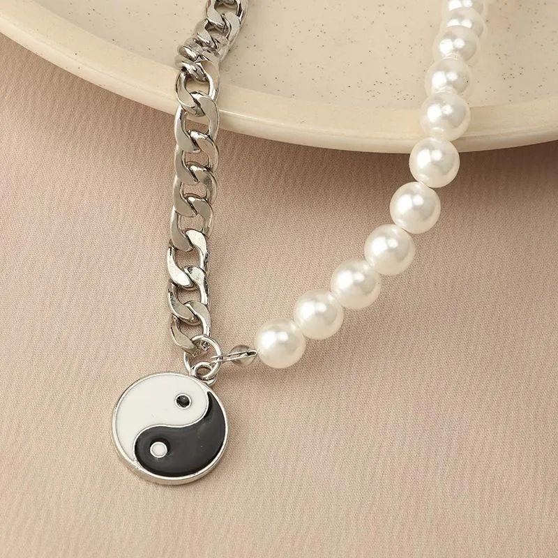 Chokers Round Pearl Beads Yin Yang Taichi Pendant Stainless Steel Chain Unisex Necklace Couple Jewelry Women Mens260L