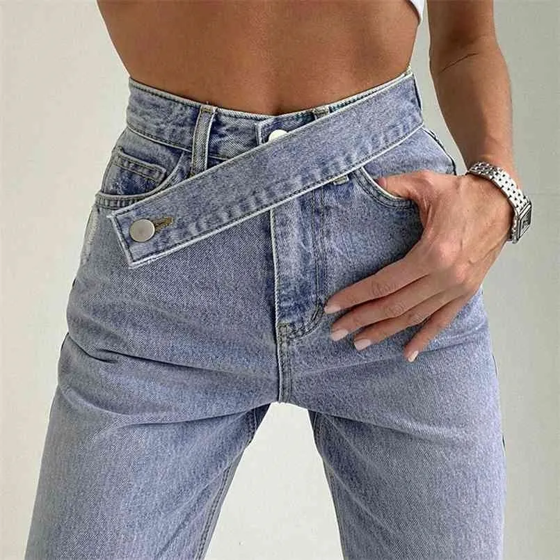 Весной Женщины прямые джинсы мода нерегулярный ремень высокий талию парень женщина, повседневная свободная гамадука джинсовые штаны 210720