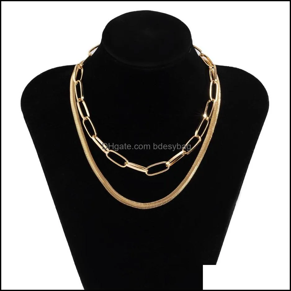 2Pcs/Set Flat Round Snake Chain Necklace for Women Sexy Wedding Collar Bijoux Femme Cuban Lock Link Choker Fashion Jewelry 2021