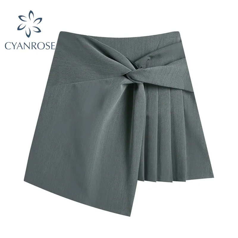 Grey Pleated Crop Skirt Women Office Ladies Zipper Casual Preppy Style Student high Waist Bandage Skirts Female Elegant Clothes 210417