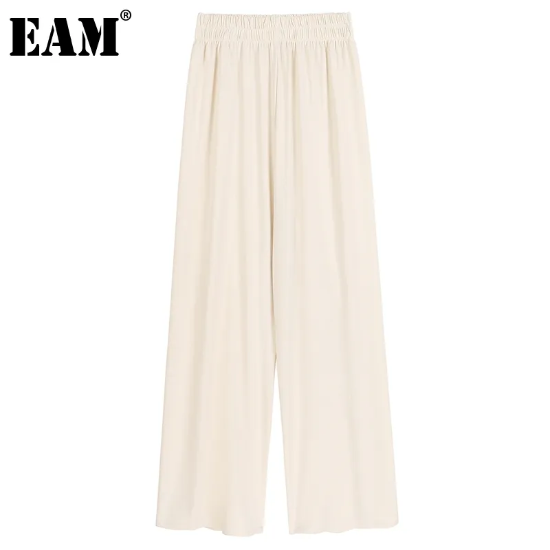 [EAM] High Elastic Waist Beige Pleated Wide Leg Casual Trousers Loose Fit Pants Women Fashion Spring Autumn 1DD7267 21512