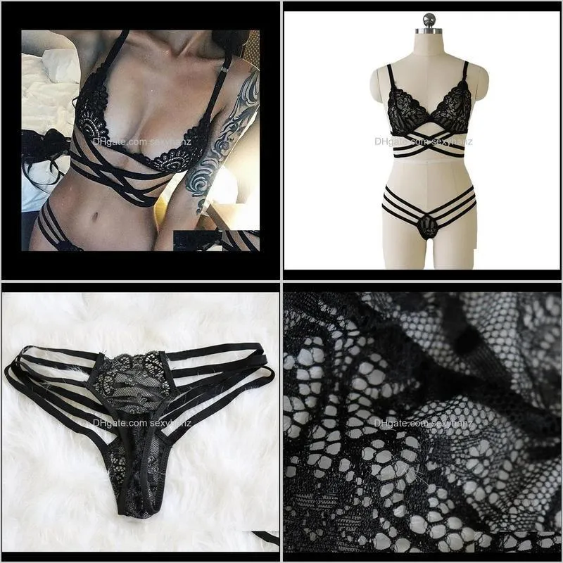 *2018 sexy lingerie bra set translucent bandage lace cross belt hollow bra intimates ladies underwear set lace panty set*
