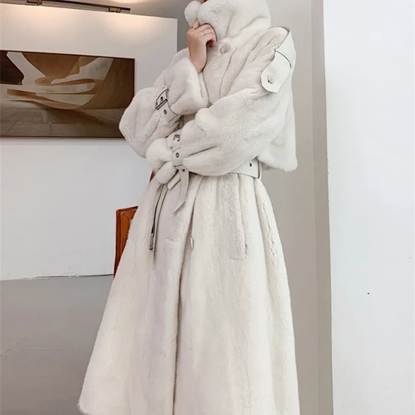 Lautaro 겨울 긴 흰색 두꺼운 따뜻한 부드러운 푹신한 가짜 밍크 모피 트렌치 코트 더블 브레스트 브리티시 스타일 패션 211123