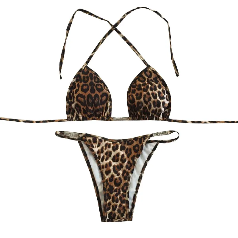 Seksi Leopar Bikini Set Mayo Kadın Halter Mayolar Yüzme takım elbise Tanga Bikini