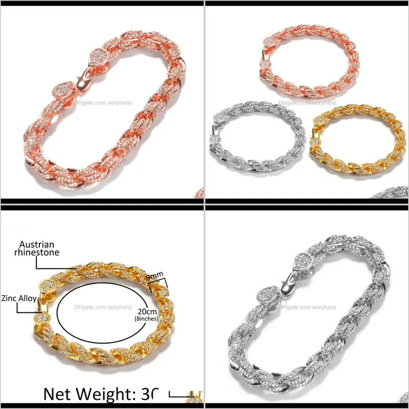 hip-hop drill-inlaid alloy bracelet twisted rope chain men`s bling bling hip hop rapper bracelet new hot