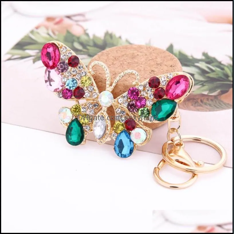 Rhinestone Butterfly Keychains Rings Rainbow Colorful Gold Crystal Key Chains Jewelry Gift Animal Bag Pendant Charms Keyrings GWB12349