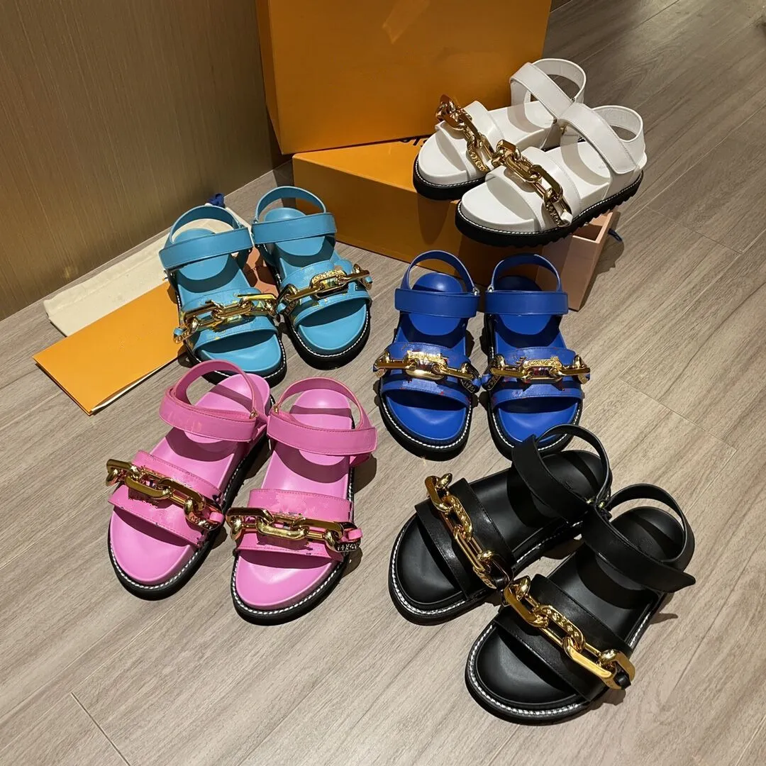 Top Quality Fashion luxury flat slippers chain sandals pointed toe cross tied designer non-slip comfortable sandal beach shoes real leather slipper Mules 35-42