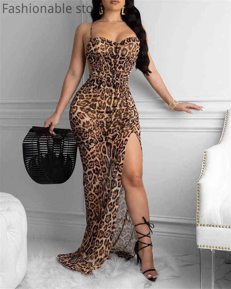 Kvinnor Sexig Leopard Print Party Dress Spaghetti Strap Ärmlös Backless Lace-up High Slit Asymmetry Maxi Dress Y1204