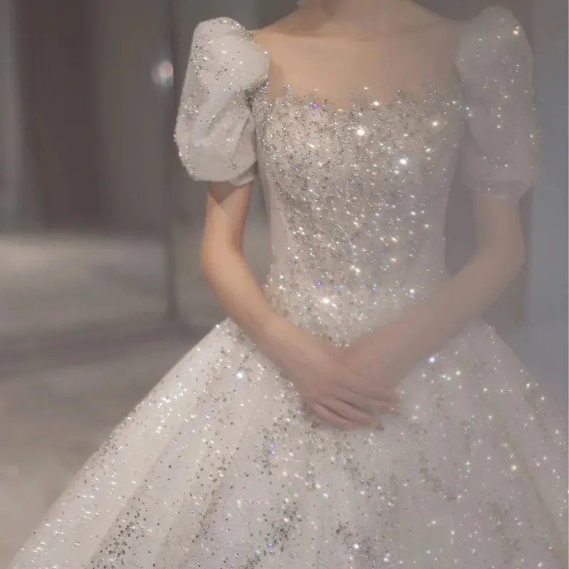 Sparkly Kryształy Suknia Balowa Suknie Ślubne Dubaj Arabski 2022 Cekiny Frezowanie Krótkie Rękawy Bridal Suknie Ślubne Sheer Neck Princess Vestidos de Novia Al9643