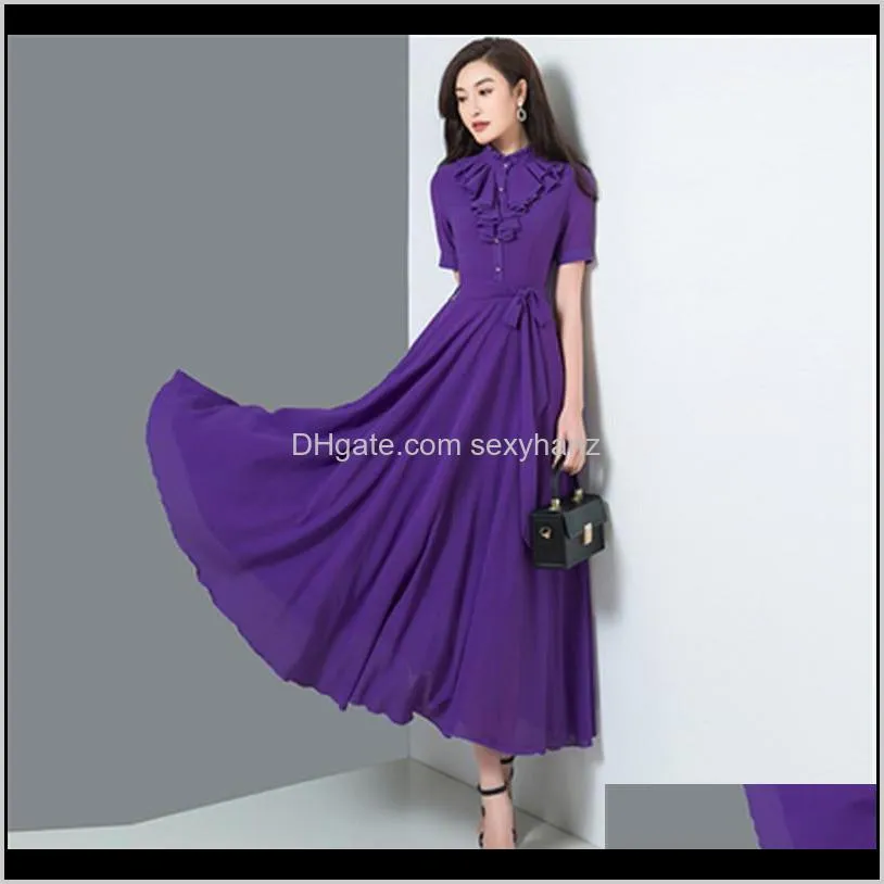 2020 korean summer new elegant fashion cheongsam improved solid color simple temperament long swing chiffon dress1