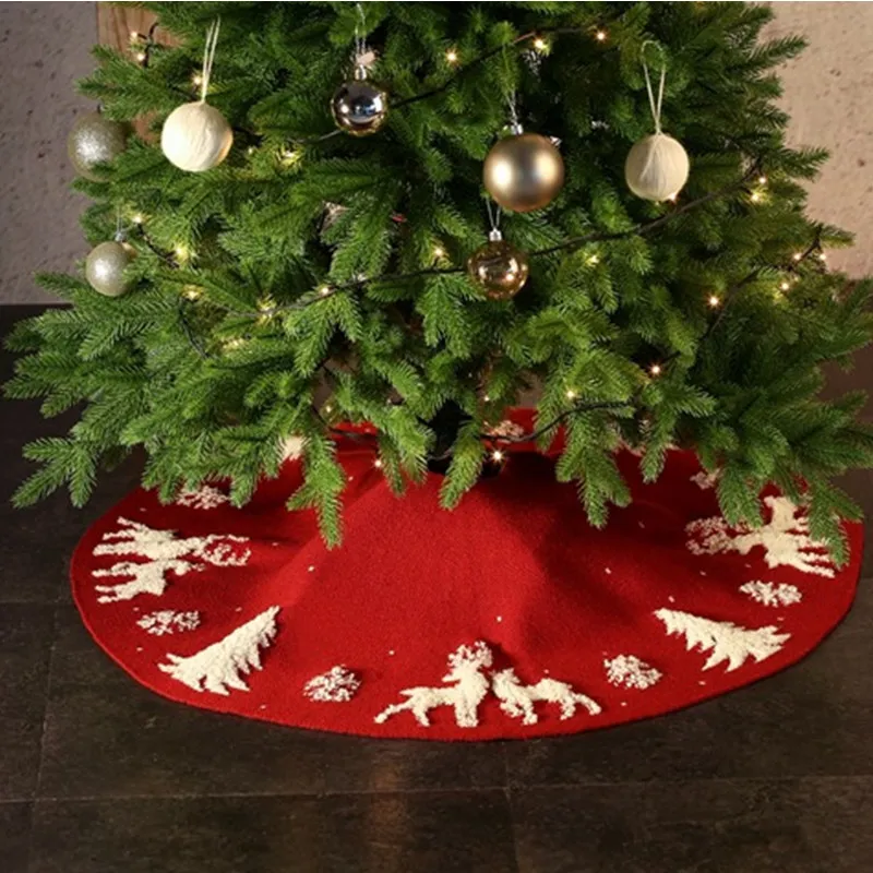 92/122cm New Year 2022 Red Knitted Elk White Flannel Embroidered Snowflake Tree Skirt Christmas Home Decorations Xmas