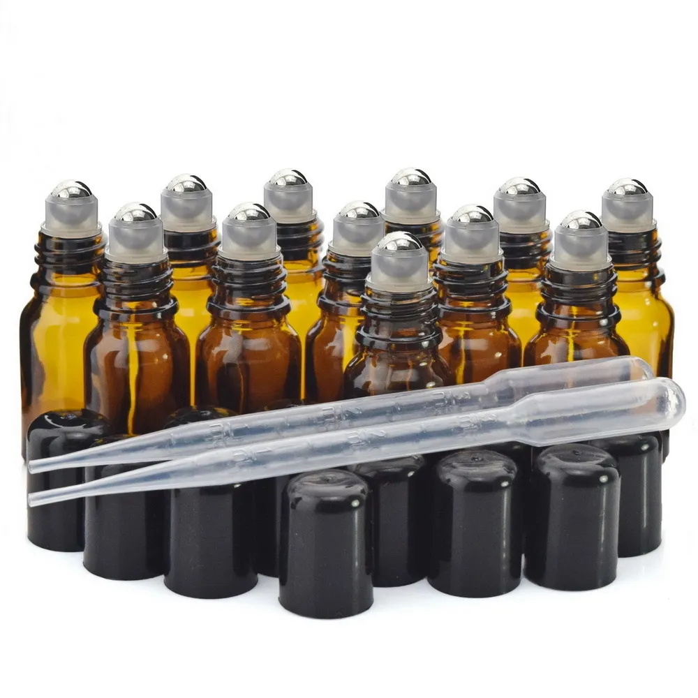 12 Uds. Botellas de rodillos de aceite esencial de 10ml vidrio ámbar vacío con bolas enrollables de acero inoxidable para Perfume aromaterapia recargable