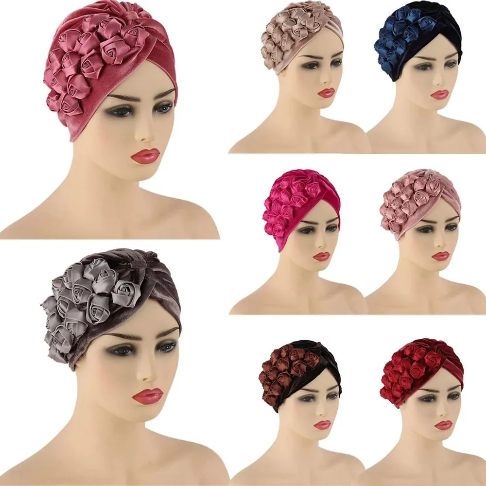 Femmes fleurs à volants Turban casquettes musulman élastique foulard Bonnet velours dames cheveux accessoires indien casquette Turbante arabe mode