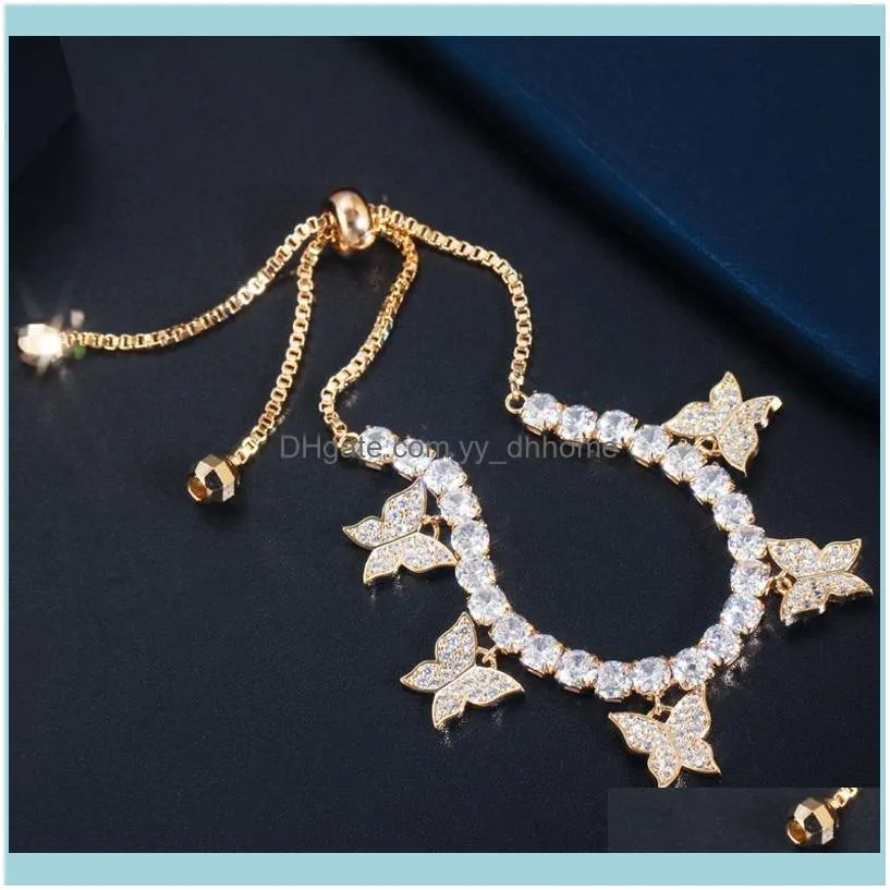 BeaQueen Exquisite 3 Pcs Cubic Zirconia Butterfly Dangle Drop Earring Bracelet and Necklace Women Engagement Jewelry Sets JS263