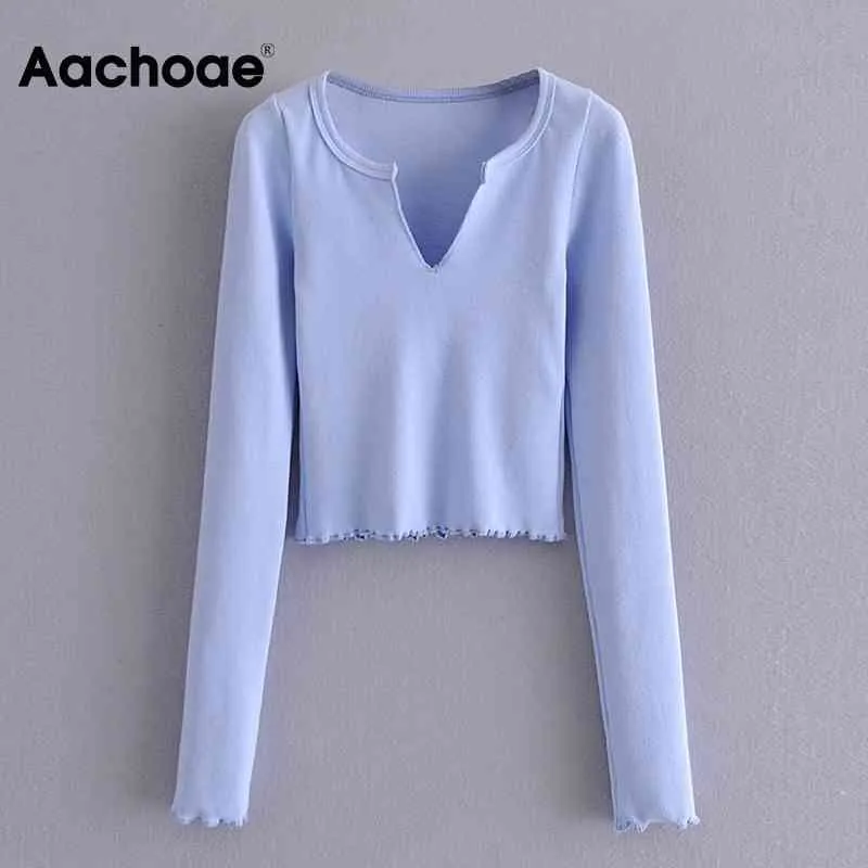 Spring Automne Femmes Solide T-shirt T-shirt V tanné Mode Courts Tops Ruffles À manches longues Casual Tshirt Femme Ropa Mujer 210413