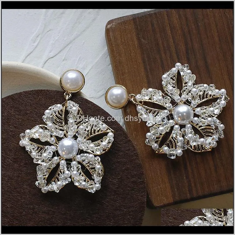 new summer elegant jewelry fashion pearl flowers drop earrings shiny textured beads floral big long dangle earrings