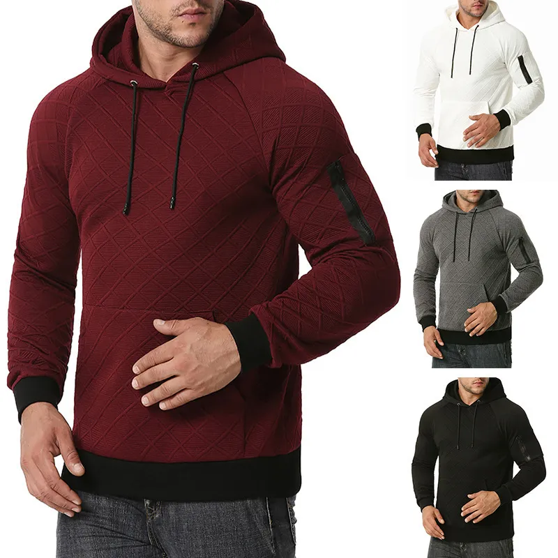 Argyle moletom manga longa hoodies homens maciço bolso casual superdestem tamanho quente zipper decoração pullover 210524