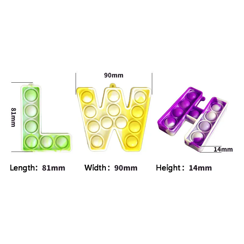 26 lettersSensory fidget  bubble poppers key ring Alphabet shape push bubbles popper board keychain finger puzzle charm tie dye rainbow bag hanging A101