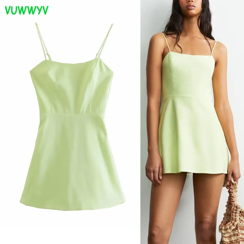 VuWyv Green Backless Slip Mini Sukienki Dla Kobiet Letnie Cienkie Pasy Slim Woman Party Dress Back Elastyczne Casual Vestidos 210430