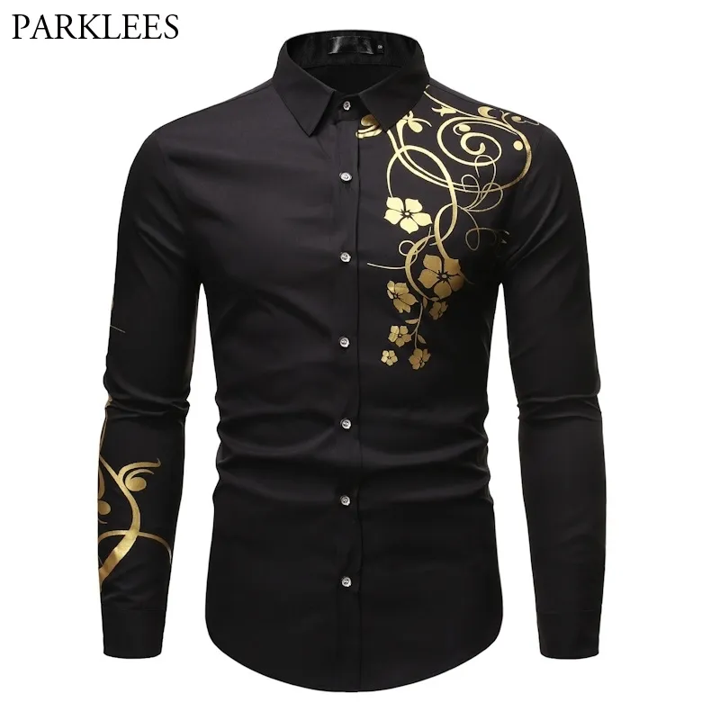 Stilvolle Gold Blumendruck Schwarzes Hemd Männer Frühling Slim Fit Langarm Herrenhemden Party Casual Male Social Shirt 210522